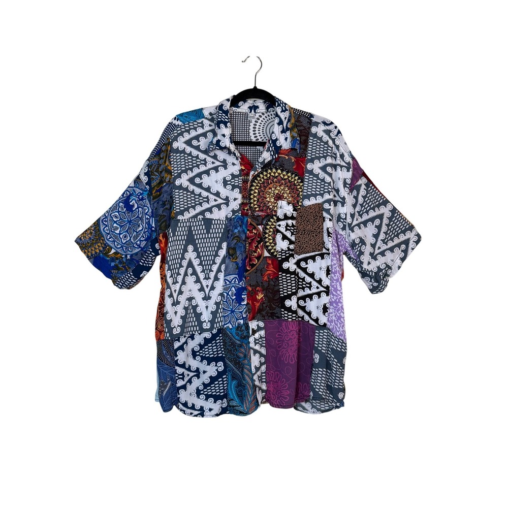 Mens Vintage Hippie Handmade Patchwork Shirt Size XL Boho Funky Psychedelic